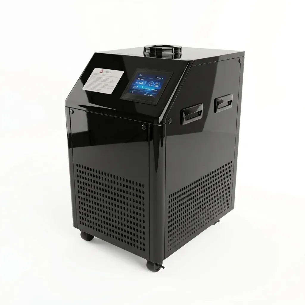 Air conditioning unit — glossy black portable cabinet on casters with touchscreen control panel, side handles, and perforated ventilation grilles