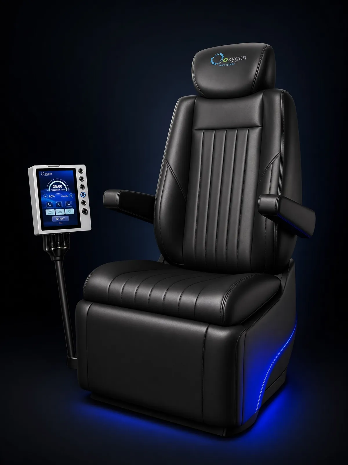 Black leather captain's chair with Oxygen Health Systems branded headrest, channel stitching, padded armrests, and blue ambient underglow lighting, beside a touchscreen control panel