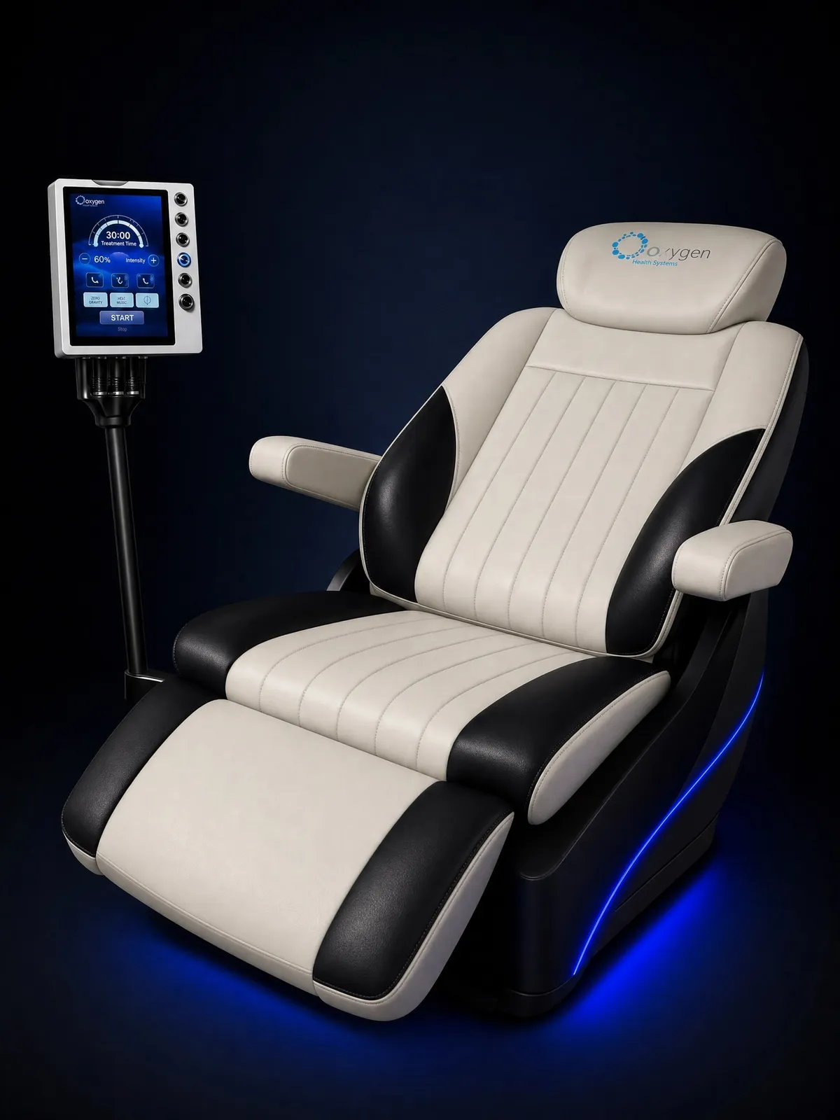 Two-tone cream and black leather reclining chair with Oxygen Health Systems branded headrest, extended footrest, blue ambient underglow lighting, and a touchscreen control panel on a stand