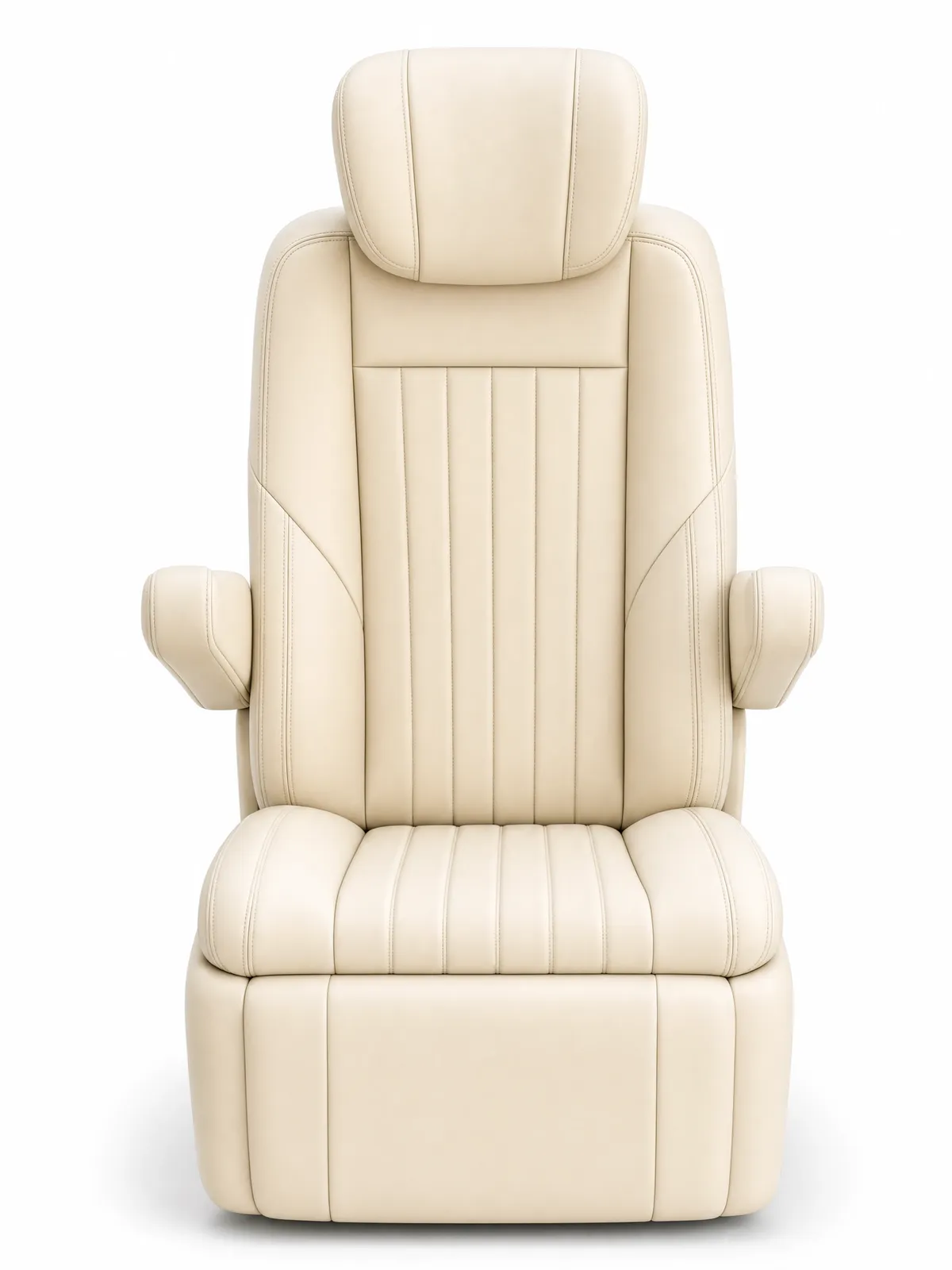 Front view of a cream leather captain's chair with vertical channel stitching, integrated headrest, and padded armrests