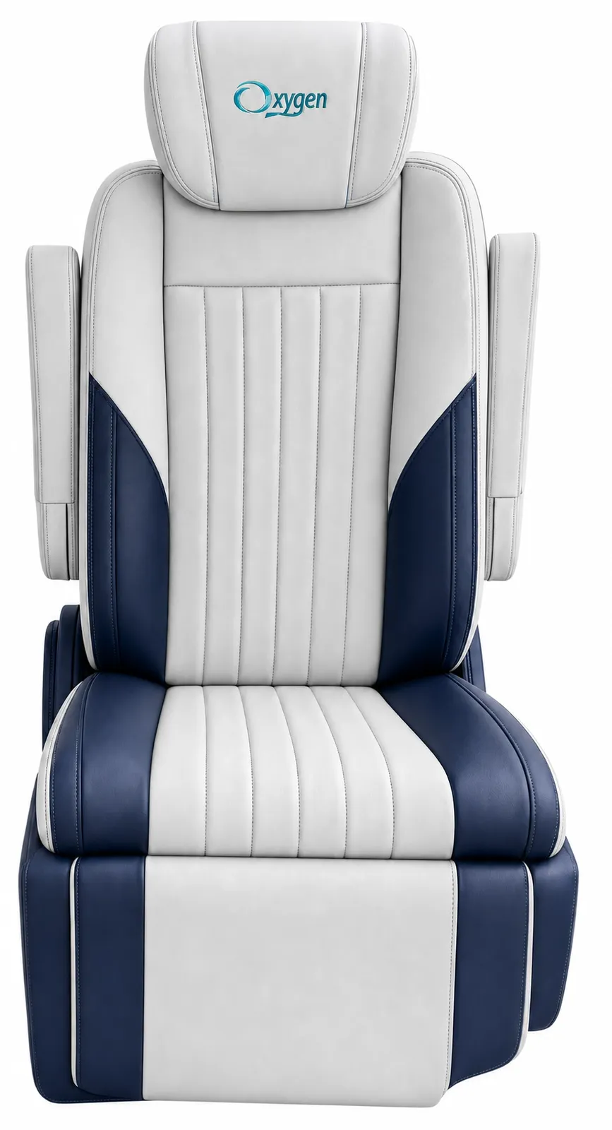 Front view of a two-tone navy blue and light gray leather captain's chair with Oxygen branded headrest, vertical channel stitching, navy side bolsters and base accents, padded armrests, and extended footrest