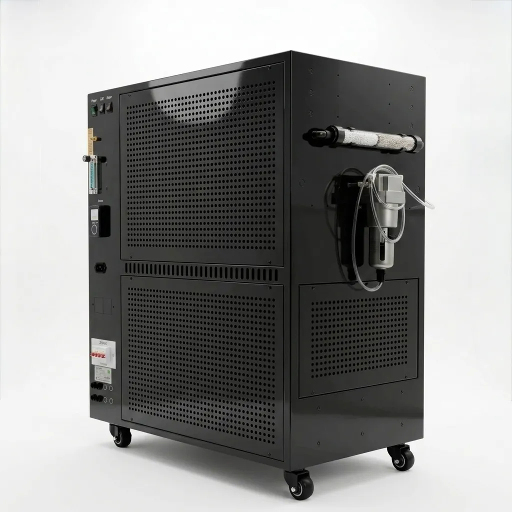 Dual all-in-one smart controller unit — glossy black floor cabinet on casters with control panel, oxygen concentrator, filter, and tubing