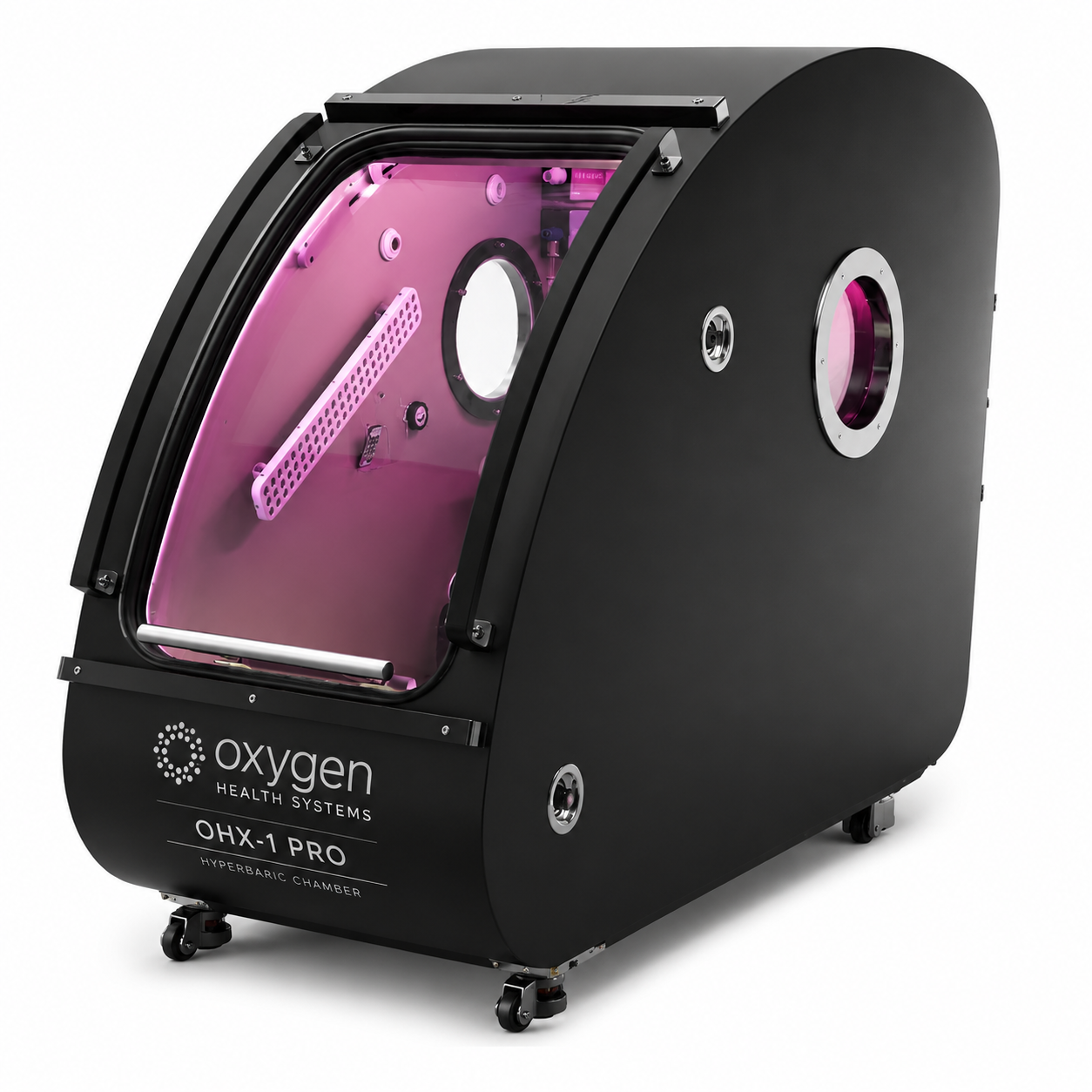 Elite Comfort 34D matte black 34-inch diameter 2.0 ATA single-seat hard-shell hyperbaric oxygen chamber on casters, angled view with the door open revealing the accent-lit interior and dual round viewing windows