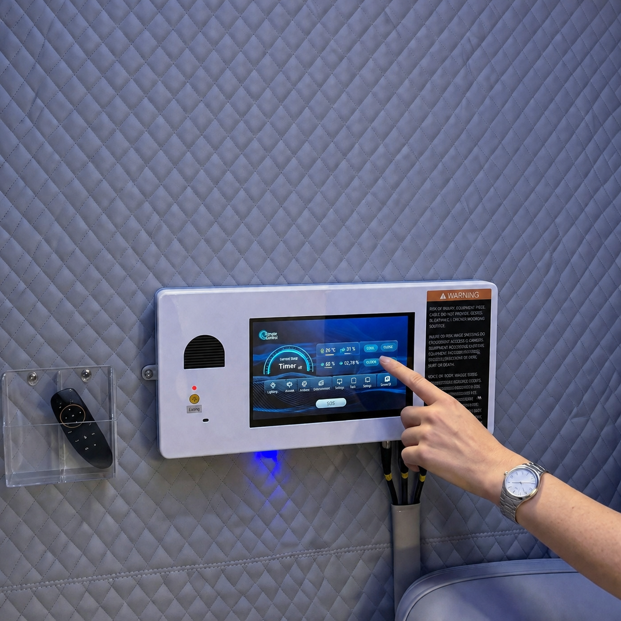 User operating the Elite Comfort 34D internal HD touchscreen control panel from inside the chamber, showing the climate control interface, wireless remote in its wall holder, and quilted padded interior walls