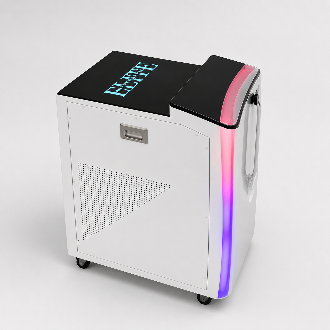 Elite Hyperbaric compressor — white portable cabinet on casters with recessed handle, perforated ventilation panel, and pink-to-purple accent lighting