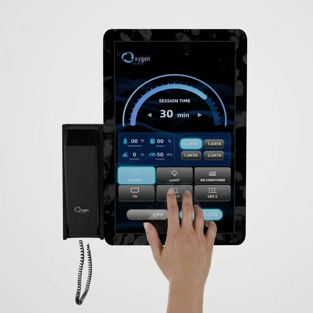 External hyperbaric control panel touchscreen with handset — showing session time, temperature, oxygen, humidity and pressure readouts, ATA pressure selection, and 6P/OS™ protocol controls